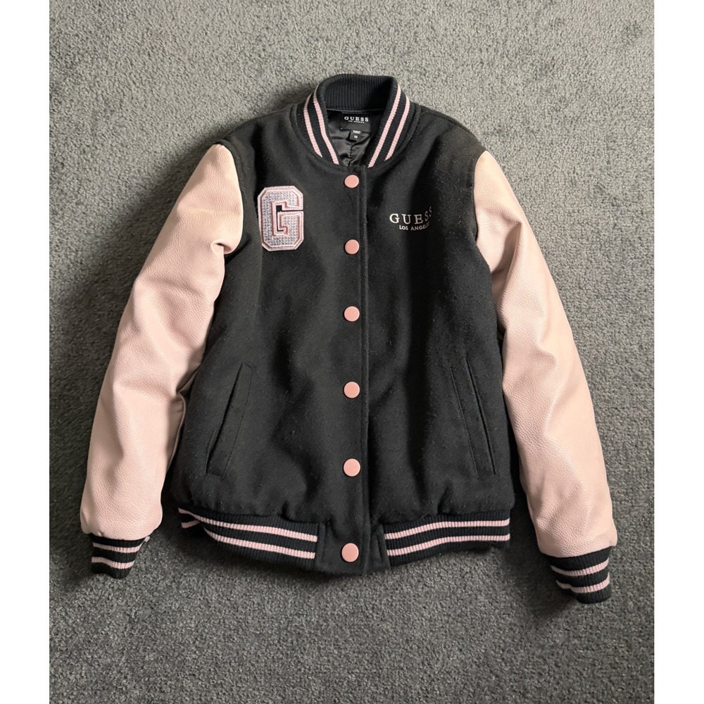 Guess Los Angeles Girls Varsity Jacket Black Pink Rhinestone G Size 10 J5BLA4